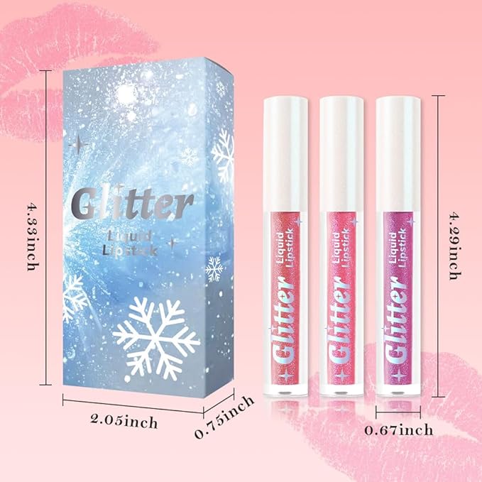 AMY'S DIARY 3Pcs Glitter Liquid Lipstick Set – Rose Gold, Hot Pink, Iridescent Lilac – Shimmer Metallic Lip Gloss, Long-Lasting Waterproof Lip Color, High Shine Sparkle Makeup for Women(SetA)