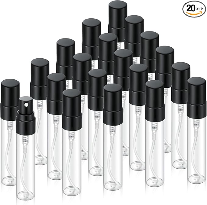 20Pcs 5ml Empty Clear Glass Mist Spray Bottle Refillable Mini Perfume Atomizer Travel Sample Bottle with Black Aluminized Nozzle Makeup Container for Perfume (5ml Black Caps)