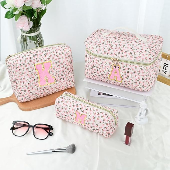 3 PCS Travel Makeup Bag Set, A–Z Initials Cotton Quilted Cosmetic Bag for Women & Preppy, Personalized Toiletry Bag Travel Accessories Makeup Brushes Organizer, Valentine’s Day & Birthday Gift for Her