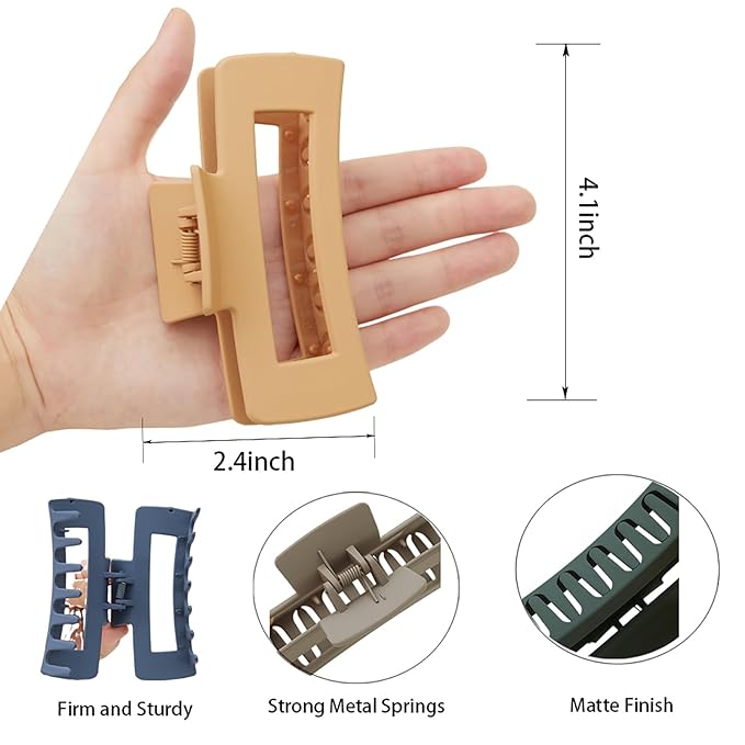 4 Inch Big Hair Claw Clips 6 Pcs Large Claw for Thick Hair Square Hair Clips for Women Rectangle Hair Clips Nonslip Acrylic Banana Jaw Clips Hair Accessories for Girls (Neutral)