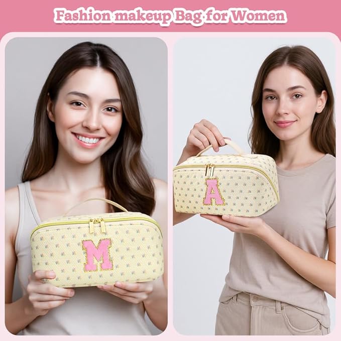 Personalized Travel Makeup Bag Set, Initial Travel Cute Floral Makeup Organizer Bag, Beige Toiletry Skincare Cosmetic Bag, Valentine’s Day Gifts for Women/Girls, Open Flat Toiletry Pouch Brush Bag