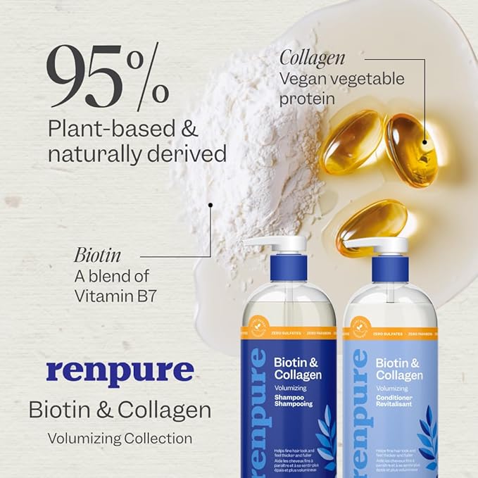 Renpure Biotin & Collagen Shampoo & Conditioner Set, Plant- Based - Nutrient Infused Formulas for Fuller, Thicker Looking Hair - For Fine Hair - Vitamin B7 (Biotin) & Collagen - 24 Fl Oz each, 2 Pack