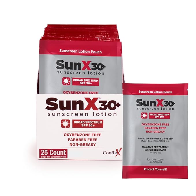 CoreTex Sun X 30+ SPF Individual Sunscreen Packets Travel Size - Pack of 25 Paraben, Oxybenzone, & Oil Free Broad Spectrum Sunscreen - No White Cast and Water Resistant Up to 80 Minutes