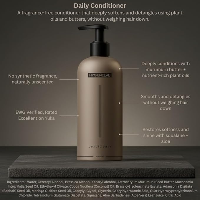 HygieneLab Conditioner for Men- EWG Verified, Best Men's Conditioner for all Hair Types, Unscented - Sulfate and Paraben Free, Lightweight, Hydrating, and Softening Formula, 10 fl oz
