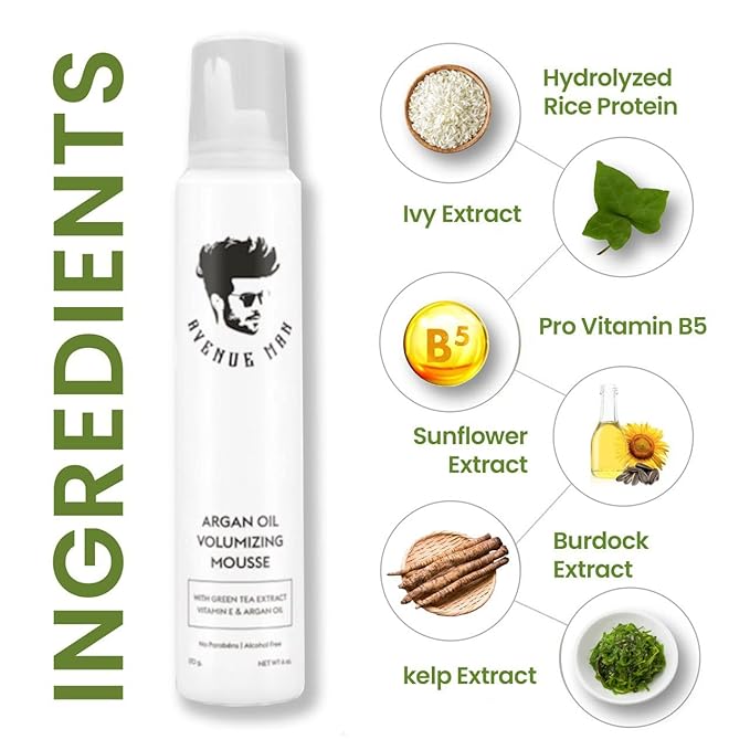 Avenue Man Argan Oil Mousse - Thickening & Volumizing Mousse for Men - Strong Hold, Frizz Control & Humidity Resistance - Herbal-Infused Mens Hair Foam - Long-Lasting Hair Mousse for Men (6.0 oz)