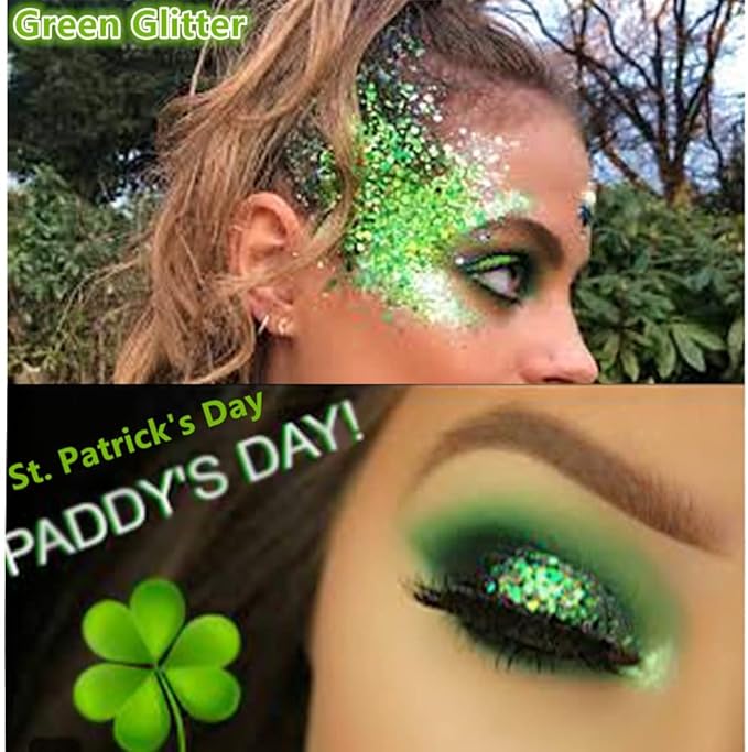 Go Ho Green Face Body Glitter,St Patricks Day Face Glitter Makeup,Green Face Paint Holographic Chunky Sequins Glitters for Eye Lip Hair Nails,Festival Rave Accessories,52g