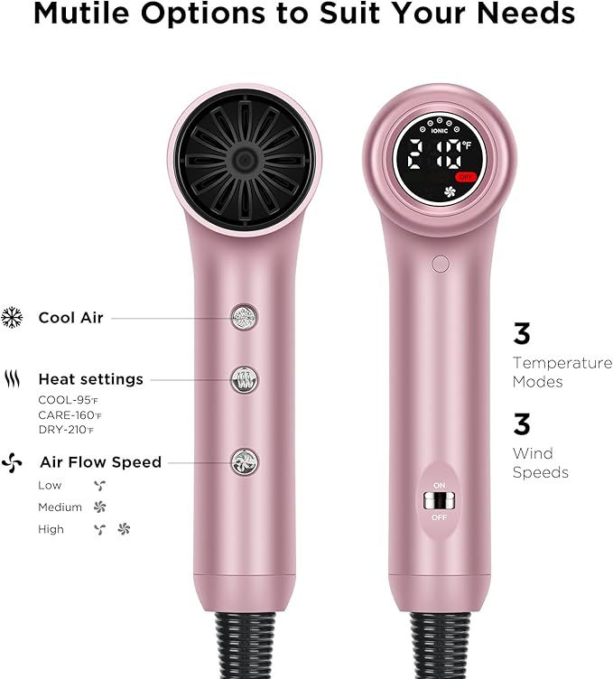 Hair Dryer, IG INGLAM 110, 000 RPM High-Speed Blow Dryer with LED Display, 1300W Low Noise Negative Ionic Hairdryer, 3 Temps & 3 Speeds Cool Switch & Memory Function, Lightweight, Rose Pink