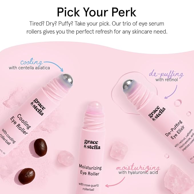 grace & stella Under Eye Brightener with Rose Quartz Rollerball - Hyaluronic Acid & Caffeine Eye Serum for Dark Circles & Puffiness - Travel Size Toiletries, Womens Christmas Gifts (15ml / 0.51floz)