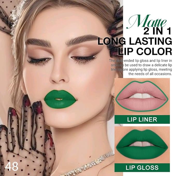 1Pcs 2 in 1 Forest Green Purple Matte Lip Liner and Liquid Lipstick Stain Makeup Set for women, Green Long Lasting Smudge Proof Lip Tint Matte Finish Lip Gloss for All-Day Color Hold Easy to Use 48#
