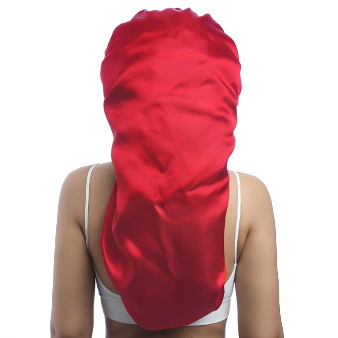 AWAYTR Long Satin Bonnet for Braids - Elastic Silk Hair Bonnets for Sleeping Night Cap Stretchy Tie Band for Women（Wine Red）