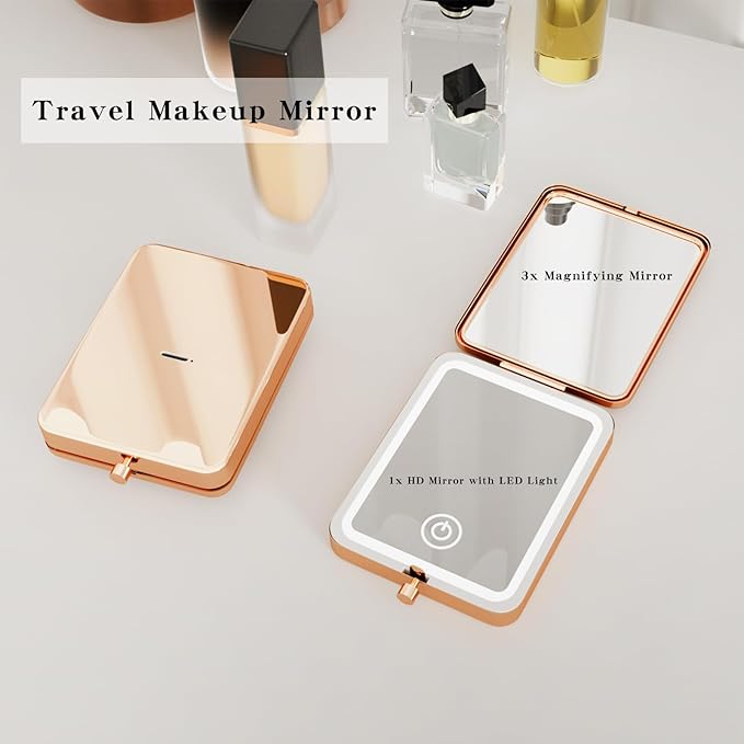 2025 Pocket Mirror With Light, Rose Gold Rechargeable Dimmable 3 Color Lighting 1x/3x Led Compact Travel Makeup Mirror for Purse, Portable, Folding, Handheld, Small Lighted Mirror Gift for Women
