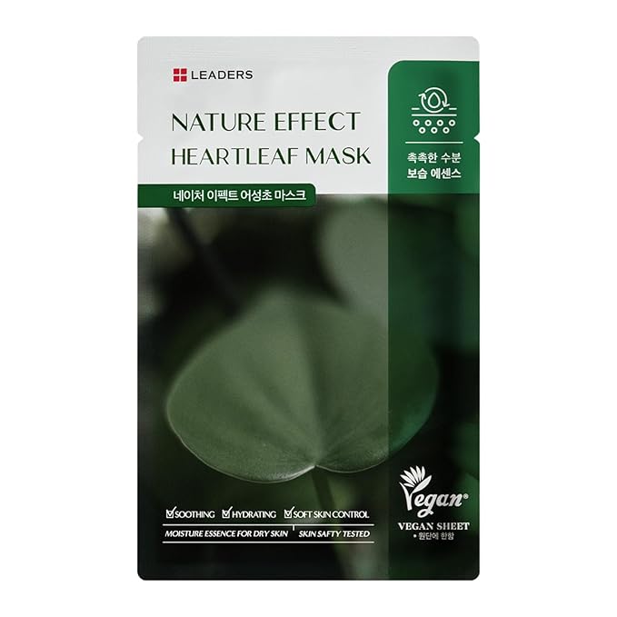 LEADERS Nature Effect Heartleaf Mask - Hydrating & Restoring Face Mask for Dry, Acne-Prone, Sensitive Skin | Soothing, Balancing, & Soft Skin Control Serum Content, Vegan Certified - 10 Sheets