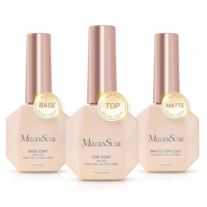 MelodySusie Top Coat Matte Top Coat Base Coat No Wipe Glossy Set Long Lasting Shine Finish Soak Off UV LED Nail Lamp Nail Art Design Manicure Kit Perfect Gifts for Women Girls 3 Pcs 15ml Clear