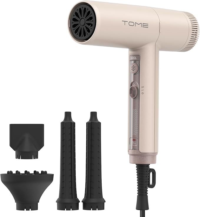 TOME Hair Dryer with Diffuser 1875W High Speed Blow Dryer Ionic 110000 RPM Cool Shot Lock 1 inch Air Curling Wands Nozzle Light Weight Pink