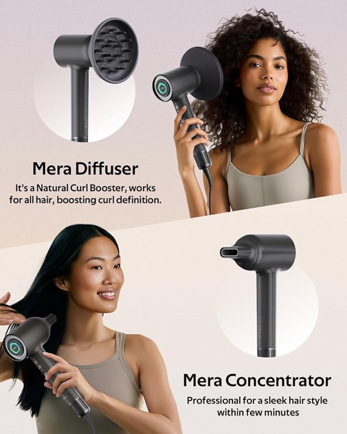 Professional Bi-Ionic Aromatic Hair Dryer- mera PRO -Fast Drying Salon Results Blowdryer w/Magnetic Diffuser & Aromatherapy Nozzle, One Button Safe Mode, cUL Certified, Lightweight for Travel