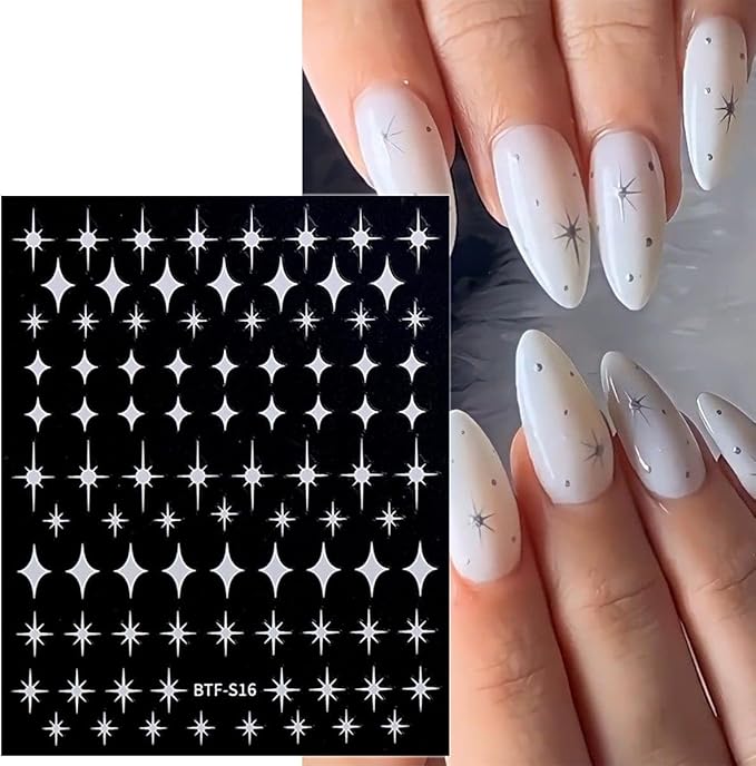 12 Sheets Gold Star Nail Art Stickers Decals 3D Self Adhesive Gold White Black Star Design Nail Art Decal Supplies Accessories for Women Acrylic Manicure DIY Decoration