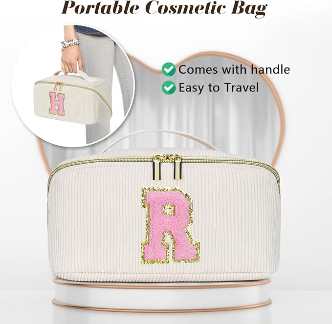 Personalized Initial Makeup Bag, Valentine's Day Gifts for Girls,Preppy Bag Cosmetic Travel Bag Women,Travel Toiletry Organizer,Large Capacity Corduroy Stuff Bag,Cute Cosmetic Pouch Skincare Bag