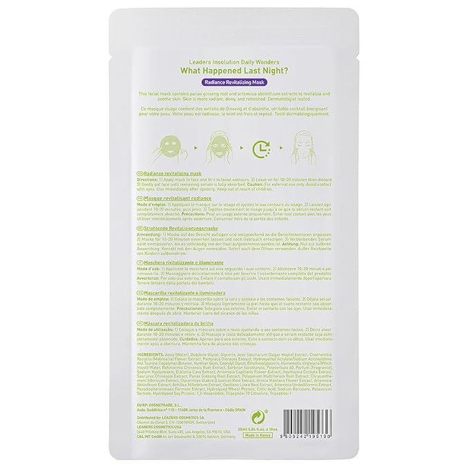 Leaders Insolution Daily Wonders What Happened Last Night? Facial Mask Sheet Radiance Revitalizing Hydrating Korean Skincare (10 Sheets)