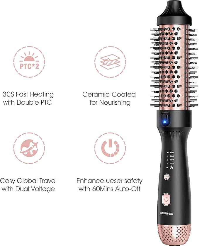 zavarea Thermal Brush, 1.5 Inch Heated Round Curling Brush, 800M Negative Ions Ceramic Stylers for Less Frizz, 4 Temp Set, Dual Voltage for Travel, Easy Use Boosts Shine