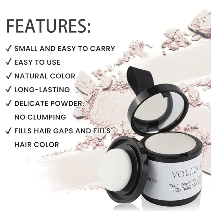 VOLLUCK Root Touch up Powder, Instant Hairline Powder for Thinning Areas and Gray Hair Coverage, Natural and Non-greasy Root Cover up for Women and Men (White, 0.35 Ounce)