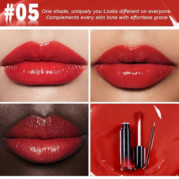 evpct Bright Fire Red Shiny Longwear No-Budge Liquid Lip Color Lipstick Makeup, Highly Pigmented Color Instant Shine, Waterproof Long Lasting Lipstick Women Lip Stain Gloss with Lip Liner Brush, 05#