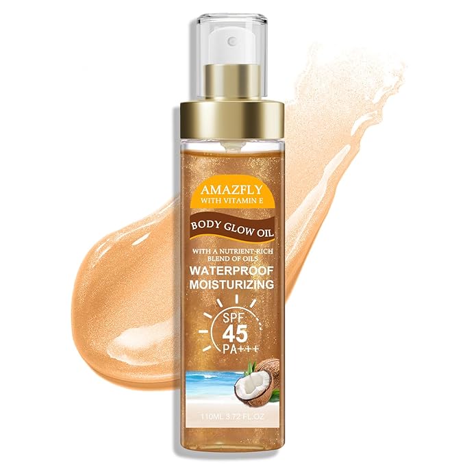 Body Glow Oil, SPF 45 PA+++, Sunscreen Body Oil with AMBER Mica, Moisturizing Coconut with Vitamin E, Glow Moisturizer, Lightweight, Water Resistant, 3.72 fl oz (#3 AMBER)