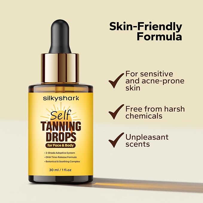 Facial Self Tanning Drops (1 Fl Oz), Tanning Drops for Face & Body, Gradual Bronzing Effect, Lightweight Tanner for Sensitive Skin, Natural Sun-Kissed Glow, Medium Shade