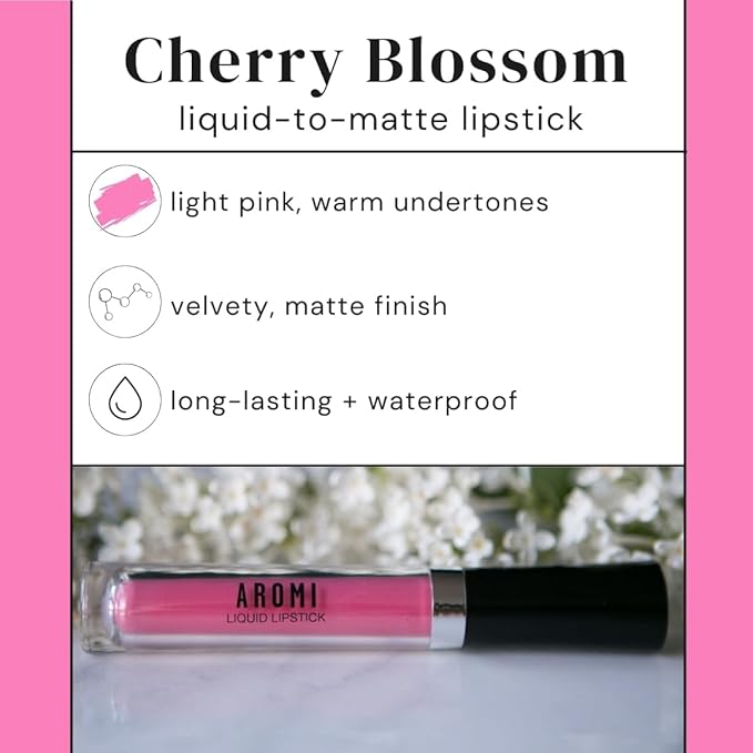 Aromi Matte Liquid Lipstick | Long-lasting, Smear and Smudge Proof, Waterproof, Paraben, Phthalate, & Gluten Free, Light Pink with Warm Undertones (Cherry Blossom)