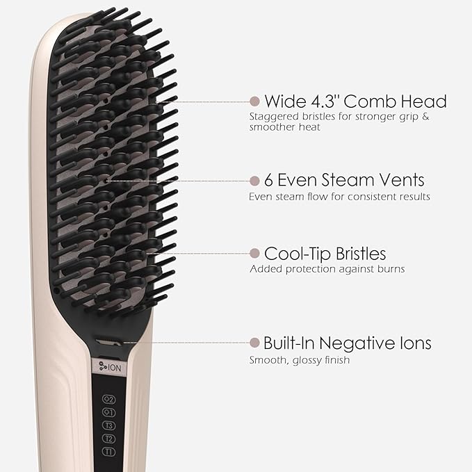 Tome Steam Hair Straightener Brush, 3-in-1 Ionic Straightening Comb with 2 Steam Levels, 3 Heat Settings (356°F–428°F), Dual Voltage 110-240V, Anti-Scald Design for Frizzy & Curly Hair Color Pink
