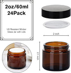 2oz Jars with Lids, Hoa Kinh 24 Pack Amber Glass Jars with Lids Empty Cosmetic Containers Round Airtight Glass Jar with Inner Liners and black Lid for Storing Lotions, Powders, and Ointments