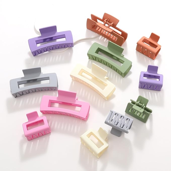 12 Pack Square Colorful Hair Clips, Big and Small Neutral Rectangle Claw Clips, Non-slip Matte Hair Clips for Women,Strong Hold jaw clip for Thick Thin Hair Silver Brown White Pink