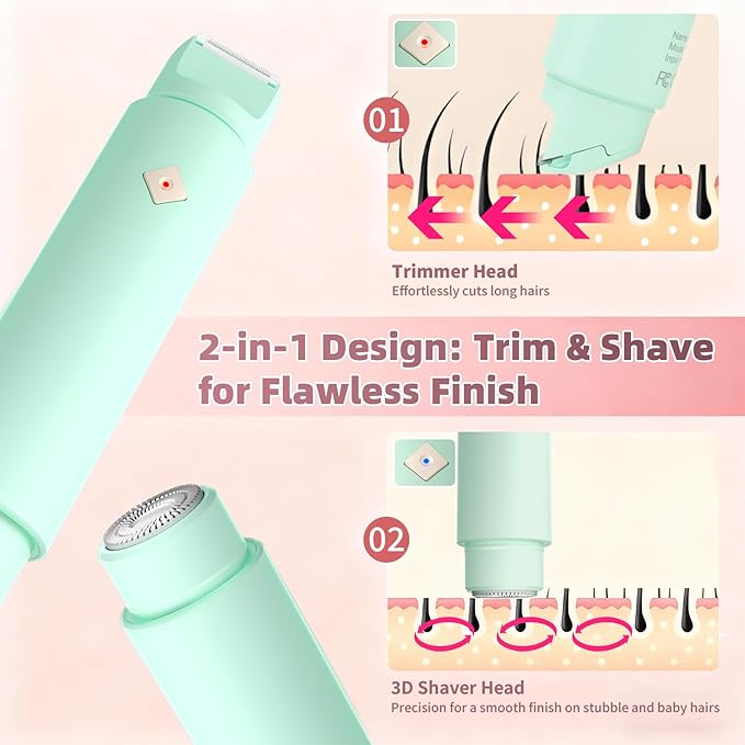 2-in-1 Dual Head Bikini Shaver - Waterproof Bikini Trimmer for Women, Cordless Rechargeable Electric Shaver, Women Electric Razors Grooming Kit (Green)