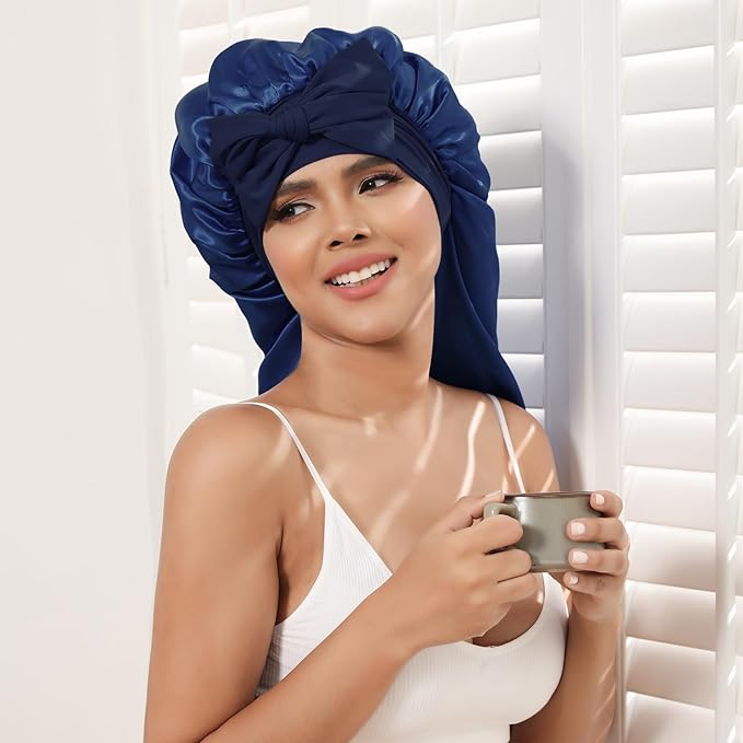 AWAYTR Long Satin Bonnet for Braids - Elastic Silk Hair Bonnets for Sleeping Night Cap Stretchy Tie Band for Women（Navy Blue）