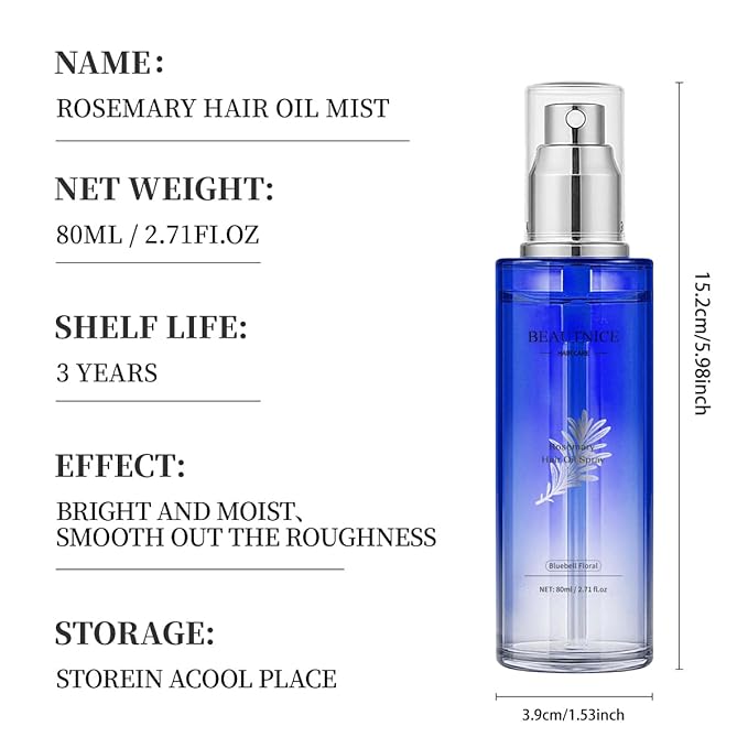 Rosemary Hair Treatment Oil Spray 80ml - Frizz Control & Split End Repair, Infused with Argan Oil, Batana Oil, Lavender Oil for Instant Smoothness - Long-lasting Bluebell Fragrance