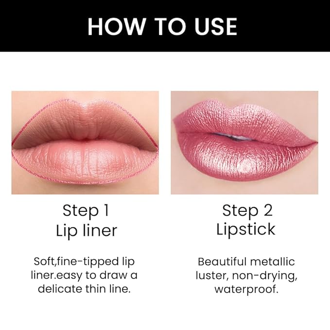 evpct 1Pcs Natural Pink Metallic Shine Shimmer Lip Liner and Lipstick Combo Set Kit for Women, Lightweight Hydrating Formula High Impact Full Coverage Lipstick and Lip Liner Makeup Gloss, 20#