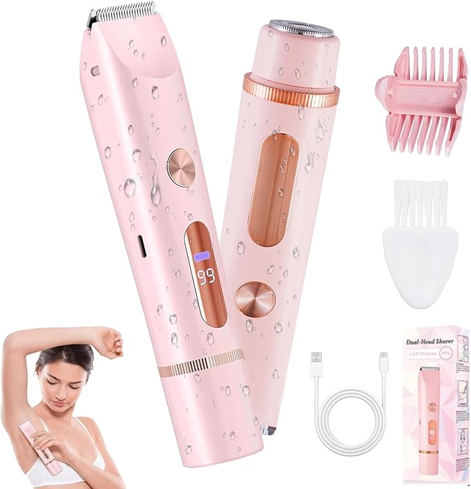 2 in 1 Bikini Trimmer for Women, Dual Head Electric Shaver with LED Display, IPX7 Waterproof Body Pubic Hair Trimmer Rechargeable Womens Electric Razor for Armpit Leg Body Facial (Pink)