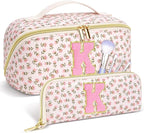 Personalized Travel Makeup Bag Set,Initial Travel Cute Floral Makeup Organizer Bag,Toiletry Skincare Cosmetic Bag,Valentine’s Day Gifts for Women/Girls,Open Flat Toiletry Pouch with Brush Pocket-S