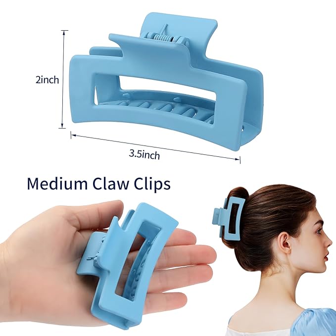 3.5 Inch Medium Hair Claw Clips 6 Pack Hair Clips for Women Square Rectangle Claw for Hair Banana Jaw Clips Hair Accessories for Girls (Blue)
