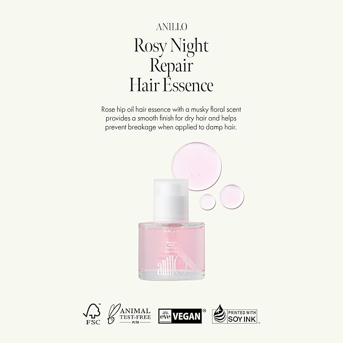 ANILLO Rosy Night Repair Hair Essence with Damask Rose Extract, Rosehip Oil, Peptide Complex for Dry, Damaged, Frizzy Hair - Musky Floral Scent, Vegan, Paraben-Free 50ml / 1.69 fl. Oz