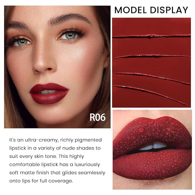 evpct 1Pcs Dark Deep Red Lipstick, Silky Velvet Matte Lipstick Pack Sets for Women, Long Lasting Smudge Proof Lipstick Lip Stain Makeup Kit matte lipstick 24 hours original R06