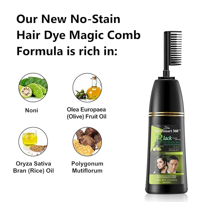 SkinSmart 360® No-Stain Hair Dye Shampoo – Full Gray Coverage for Men & Women, 3-in-1 Color + Cleanse + Condition, Natural Ingredients, Easy No-Mix Formula, 200 mL (Natural Black + Magic Comb)