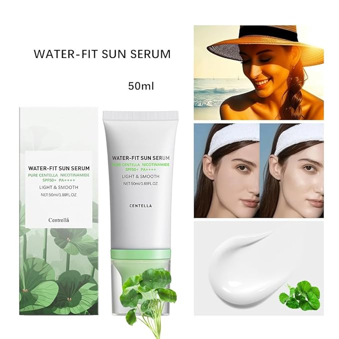 2 Pcs Centella Sunscreen, Lasting Lightweight Hydrating Centella Water-Fit Sun Serum SPF50 for All Skin Type and UV Defense.(Blue & Green)