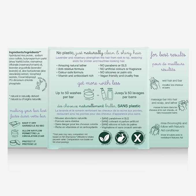 Natures Aid Rice Protein Shampoo Bar, 2.5 oz, 2 Pack (Lavender Rosemary)