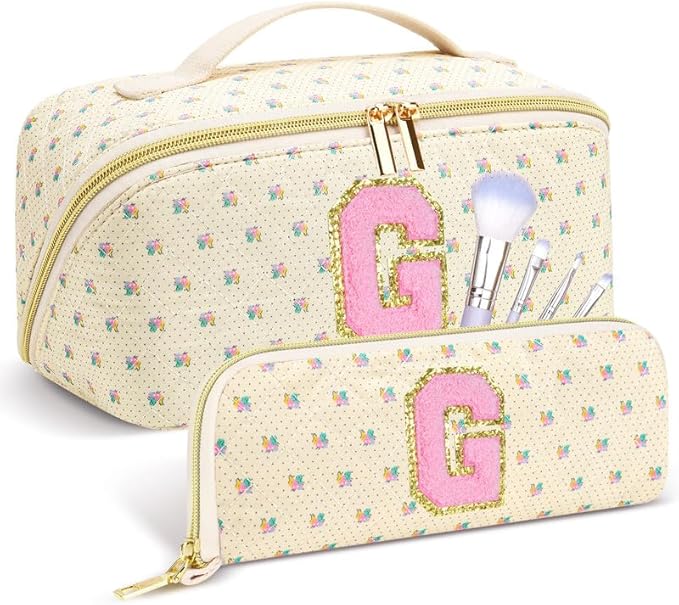 Personalized Travel Makeup Bag Set, Initial Travel Cute Floral Makeup Organizer Bag, Beige Toiletry Skincare Cosmetic Bag, Valentine’s Day Gifts for Women/Girls, Open Flat Toiletry Pouch Brush Bag