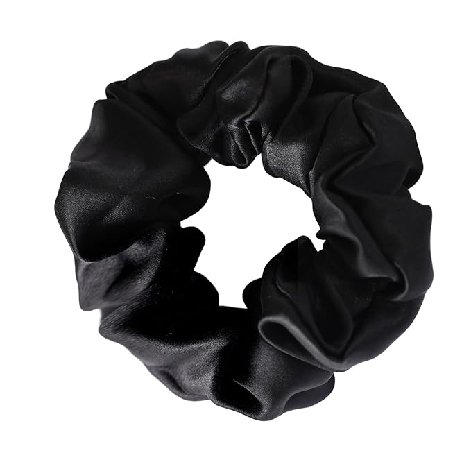 Silk Scrunchies for Women, 100% Mulberry Silk Hair Ties No Damage, Gentle No-Pull Elastic Ponytail Holders, 1Pc (Black)