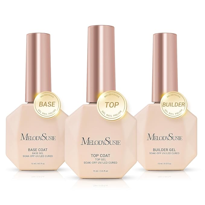 MelodySusie No Wipe Glossy Top Coat Base Coat Builder Gel 027 Set Long Lasting Shine Finish Soak Off UV LED Nail Lamp Nail Art Design Manicure Kit Perfect Gifts for Women Girls 3 Pcs 15ml