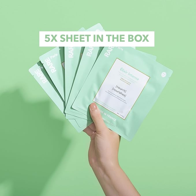 RARE Paris - Élixir Intense - Nourishing Facial Sheet Mask - Hydrating & Brightening - With Hyaluronic Acid & Squalene - Nourishing, Firming & Revitalizing - Multi-Active Serum Formula - 5 Pack