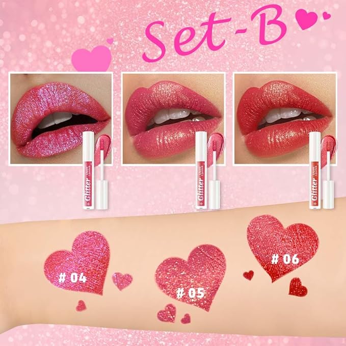 AMY'S DIARY 3Pcs Glitter Liquid Lipstick Set – Coral Pink, Metallic Red, Cherry Rose – Shimmer Metallic Lip Gloss, Long-Lasting Waterproof Lip Color, High Shine Sparkle Makeup for Women (Set B)