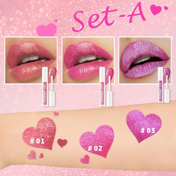 AMY'S DIARY 3Pcs Glitter Liquid Lipstick Set – Rose Gold, Hot Pink, Iridescent Lilac – Shimmer Metallic Lip Gloss, Long-Lasting Waterproof Lip Color, High Shine Sparkle Makeup for Women(SetA)