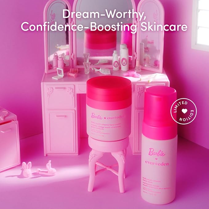 Evereden Barbie Limited Edition Kids Happy Face Duo + Exclusive Accessories | Multi-Vitamin Face Wash & Cream Set with Stickers + Bracelets | Clean Skin Care for 3+ | Barbie Gift Box for Kids